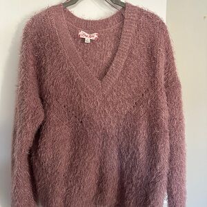 Pink Rose Mauve V-Neck Fringe Sweater